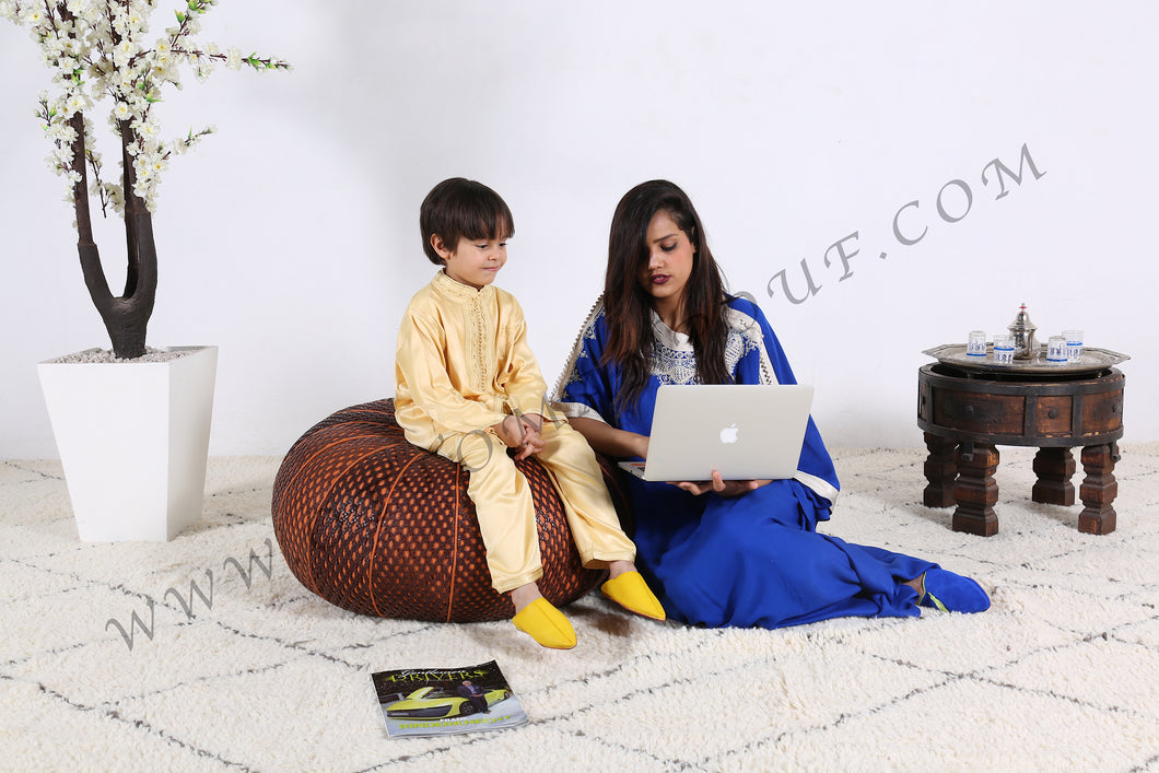 Hand Stitched Leather Mustard Yellow Ottoman Pouf