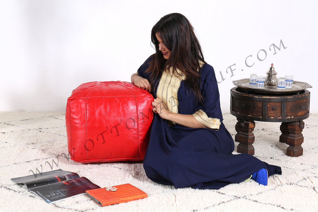 Lovely Warm Red Leather Pouf