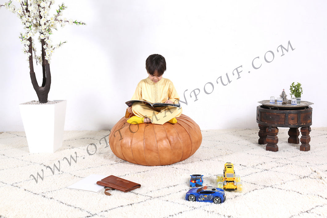 Hand Stitched Leather Ottoman Tan Pouf