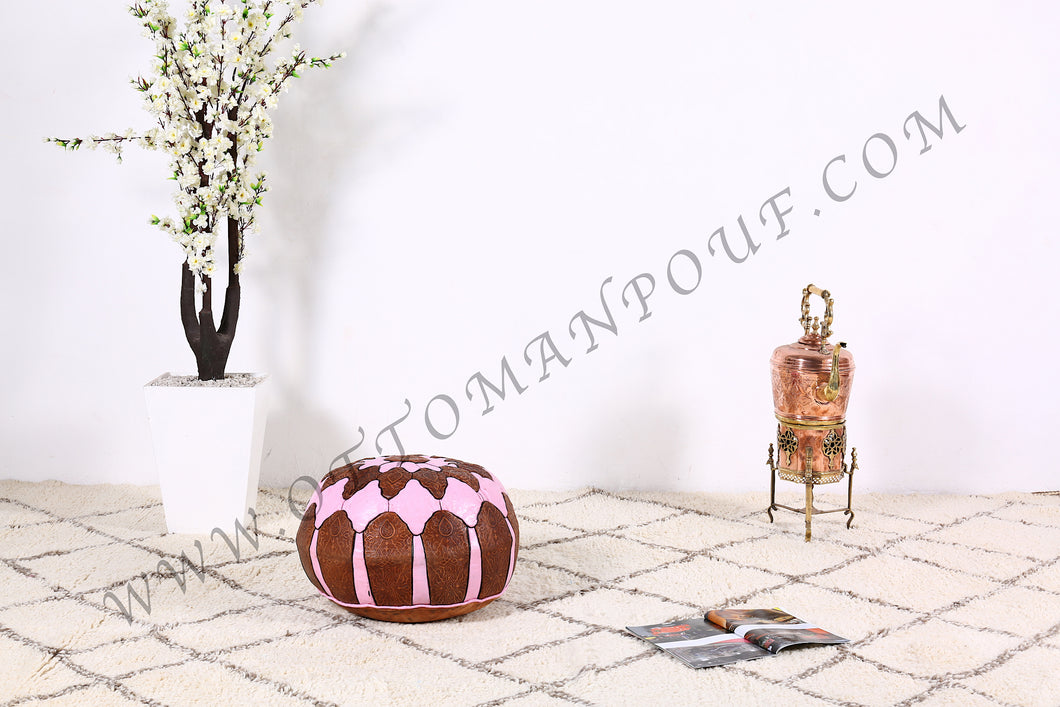 Brown & Pink Leather Pouf