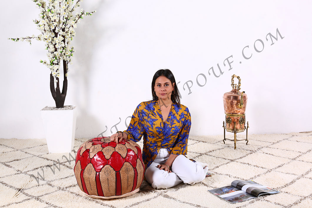 Natural Tan & Red Leather Pouf