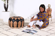 Load image into Gallery viewer, Natural Tan &amp; Black Leather Pouf
