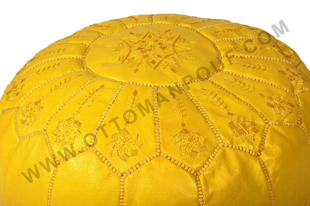 Hand Stitched Leather Mustard Yellow Ottoman Pouf