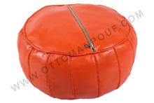 Load image into Gallery viewer, Orange Leather Ottoman yellow stitching Pouf
