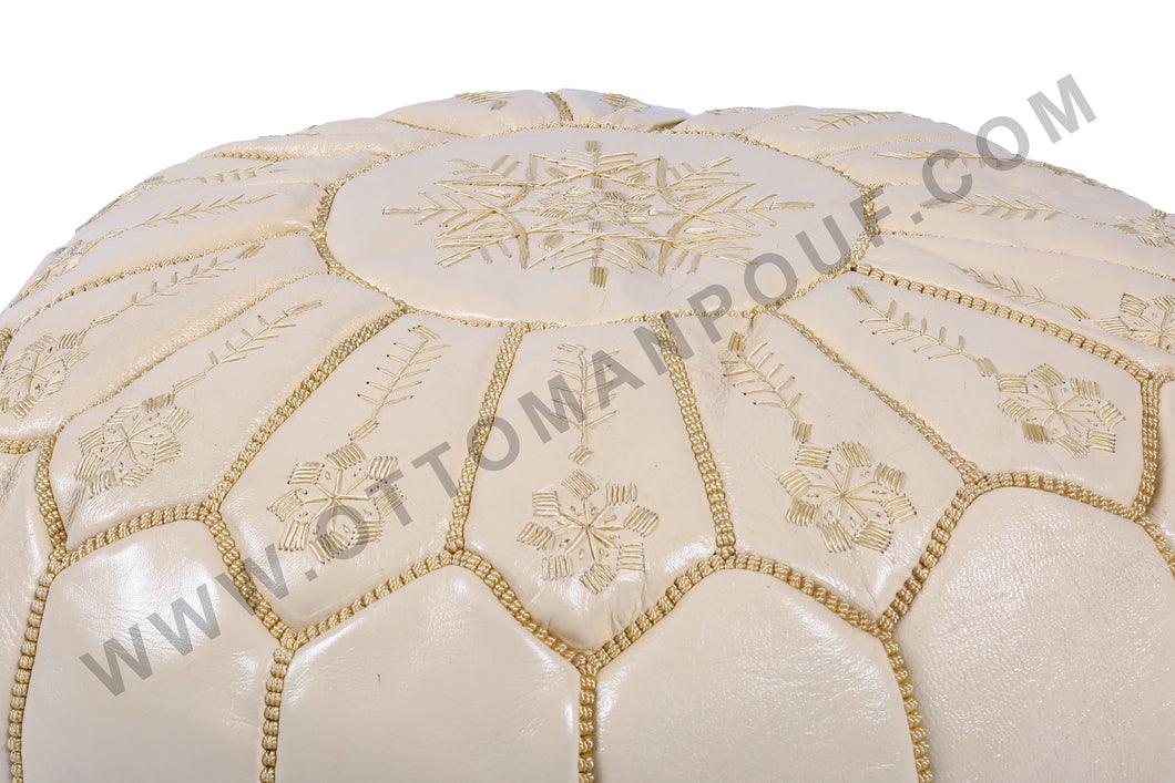 Charm & Perfection Cream Pasted Leather Handmade Stitched Pouf