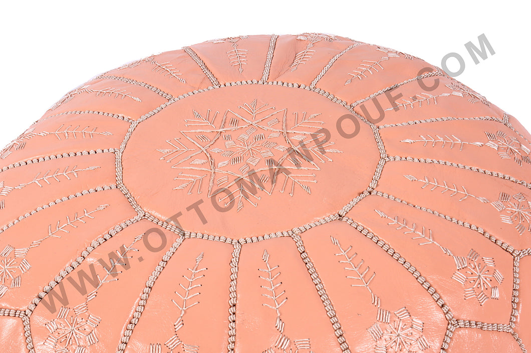 Peach Pasted Leather Handmade Stitched Pouf