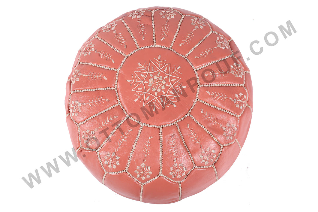 Hot Peach Moroccan Leather Round Pouf