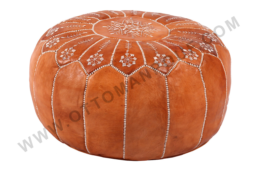 Hand Stitched Leather Ottoman Tan Pouf