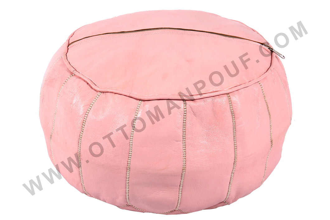 Peach Pink Moroccan Leather Round Pouf