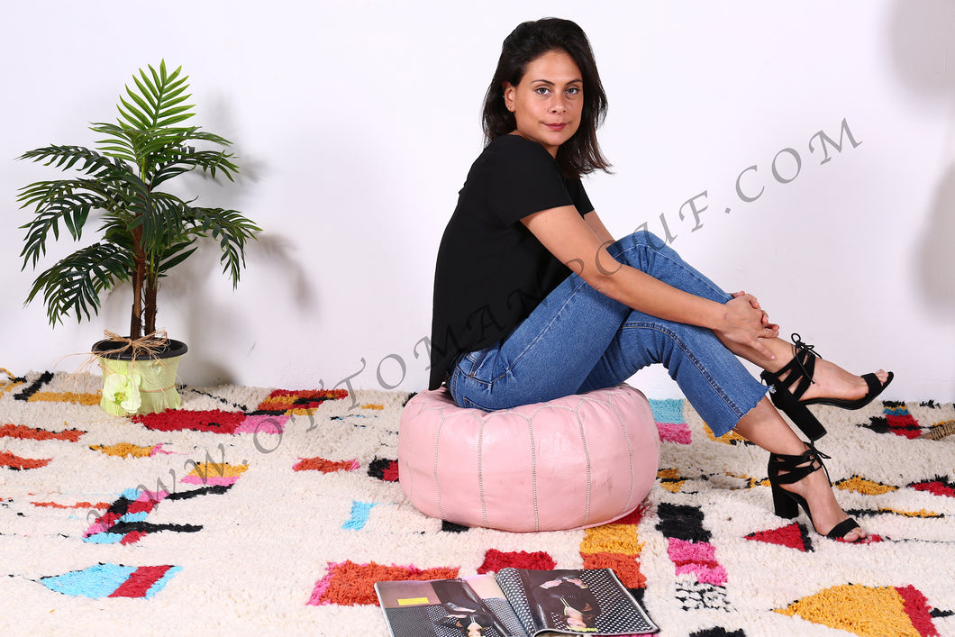 Light Pink Leather Pouf from New York