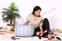 Load image into Gallery viewer, Handmade Leather Gray Ottoman Stitched Pouf
