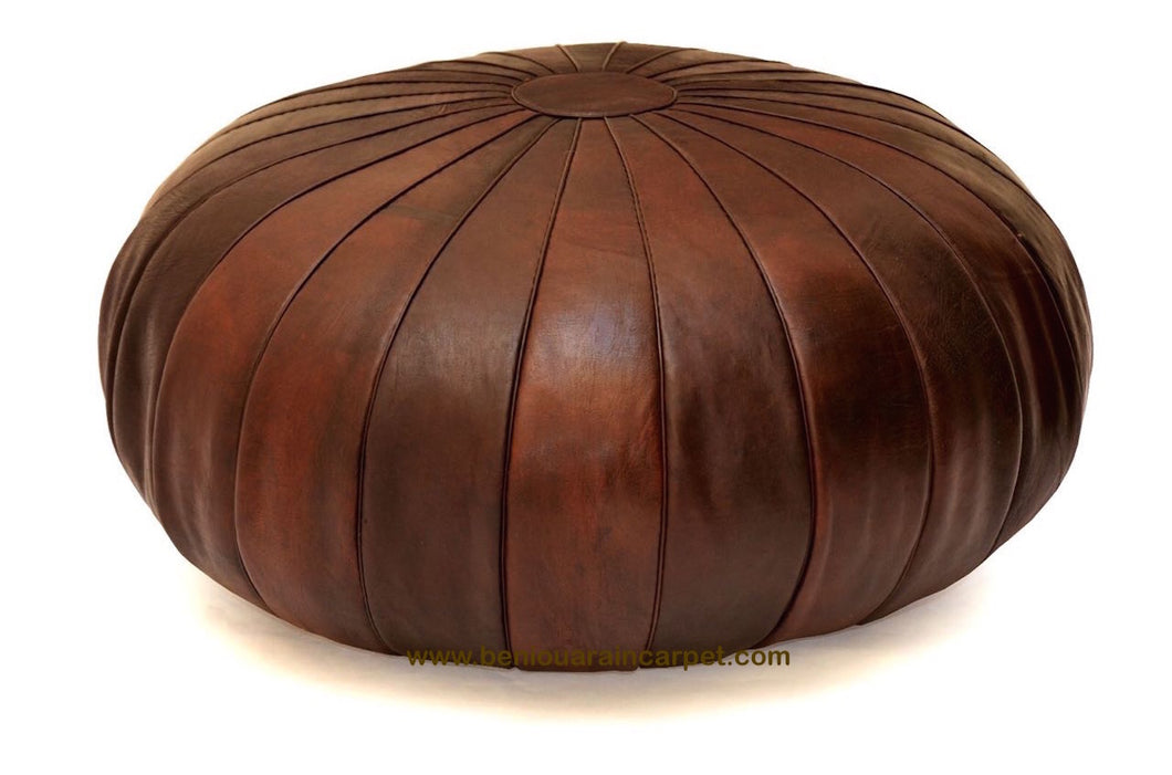 Round Stunning Brown Leather Moroccan Pouf Ottoman 32