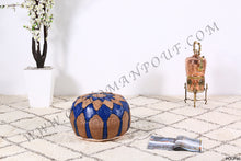 Load image into Gallery viewer, Natural Tan &amp; Blue Leather Pouf
