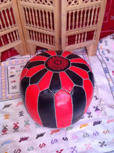 Load image into Gallery viewer, Red &amp; black combination on hand stitch large Leather Pouf
