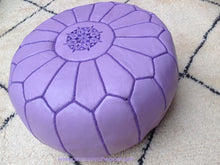 Load image into Gallery viewer, Purple Color relates to the imagination and spirituality get all this on our handmade leather ottoman pouf
