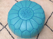 Load image into Gallery viewer, Turquoise Genuine Leather Hand Stitched Ottoman Pouf on sale
