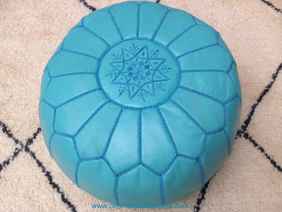 Turquoise Genuine Leather Hand Stitched Ottoman Pouf on sale