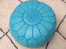 Load image into Gallery viewer, Turquoise Genuine Leather Hand Stitched Ottoman Pouf on sale
