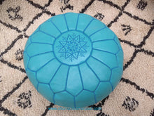 Load image into Gallery viewer, Turquoise Genuine Leather Hand Stitched Ottoman Pouf on sale
