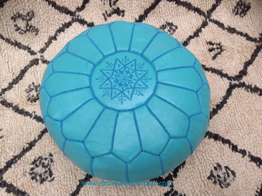 Turquoise Genuine Leather Hand Stitched Ottoman Pouf on sale