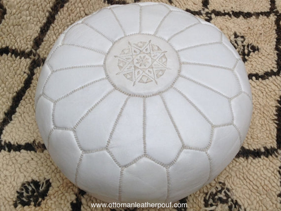 White leather handmade Ottoman stitched pouf