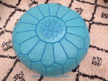 Load image into Gallery viewer, Turquoise Genuine Leather Hand Stitched Ottoman Pouf on sale
