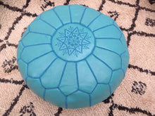 Load image into Gallery viewer, Turquoise Genuine Leather Hand Stitched Ottoman Pouf on sale
