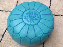 Load image into Gallery viewer, Turquoise Genuine Leather Hand Stitched Ottoman Pouf on sale
