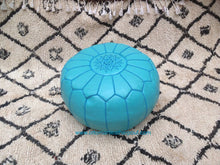 Load image into Gallery viewer, Turquoise Genuine Leather Hand Stitched Ottoman Pouf on sale
